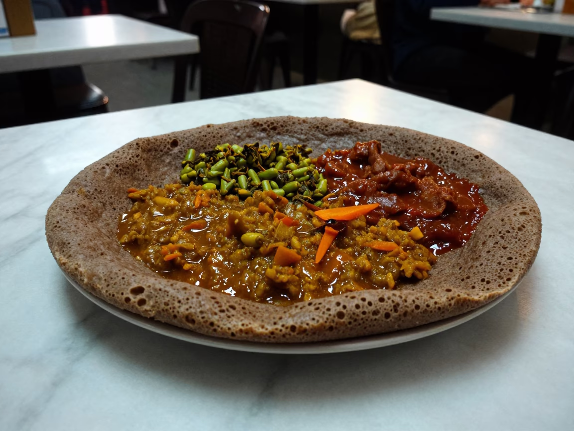 Ethiopian Injera Platter with Stews on Marble Table in on a marble cafe table in Aix-en-Provence