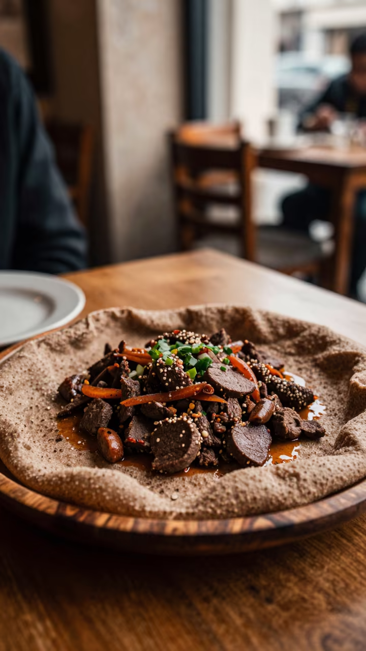 Ethiopian Kitfo and Injera on Wooden Platter in at a roadside diner table in Neubau, Vienna