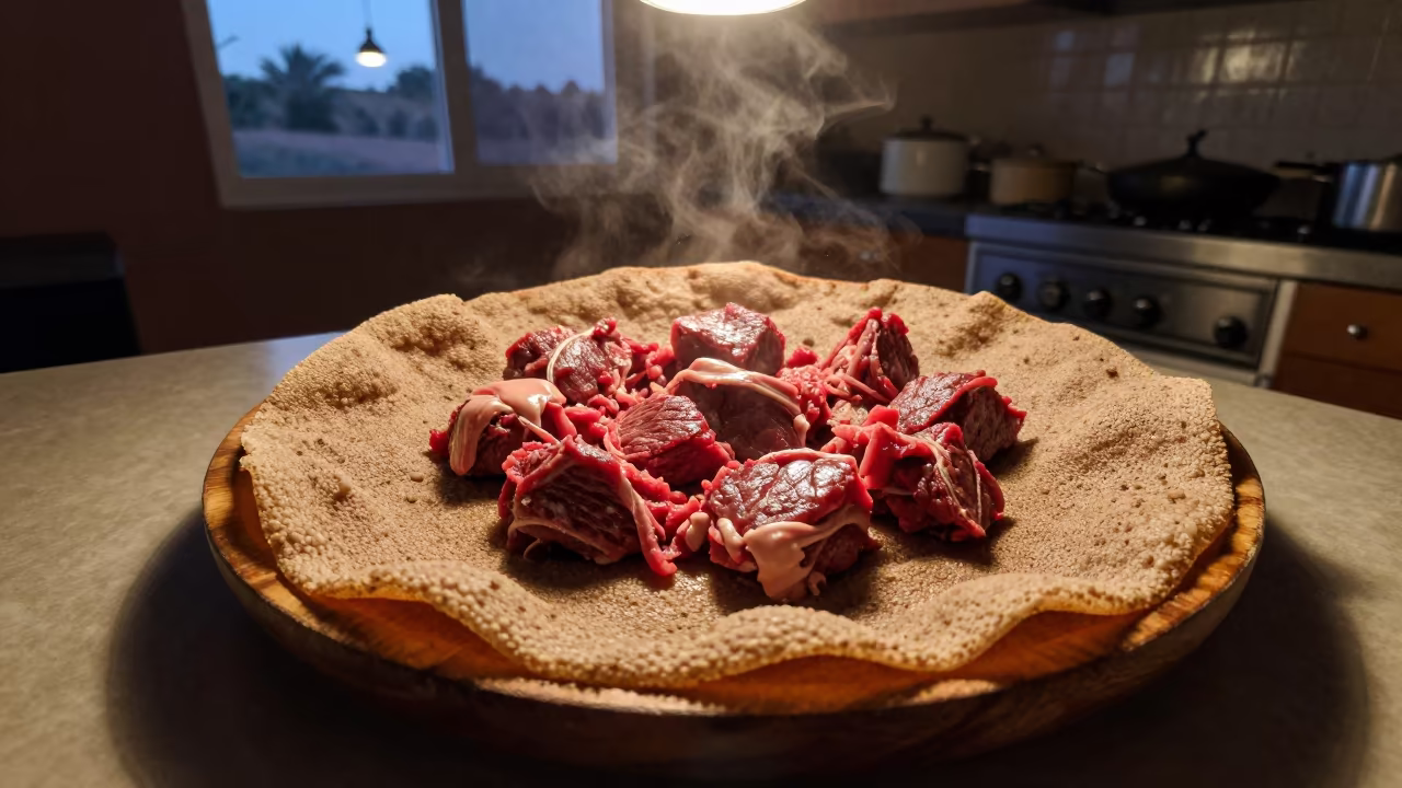 Ethiopian Kitfo and Injera on Wooden Platter in on a kitchen worktop in Leme