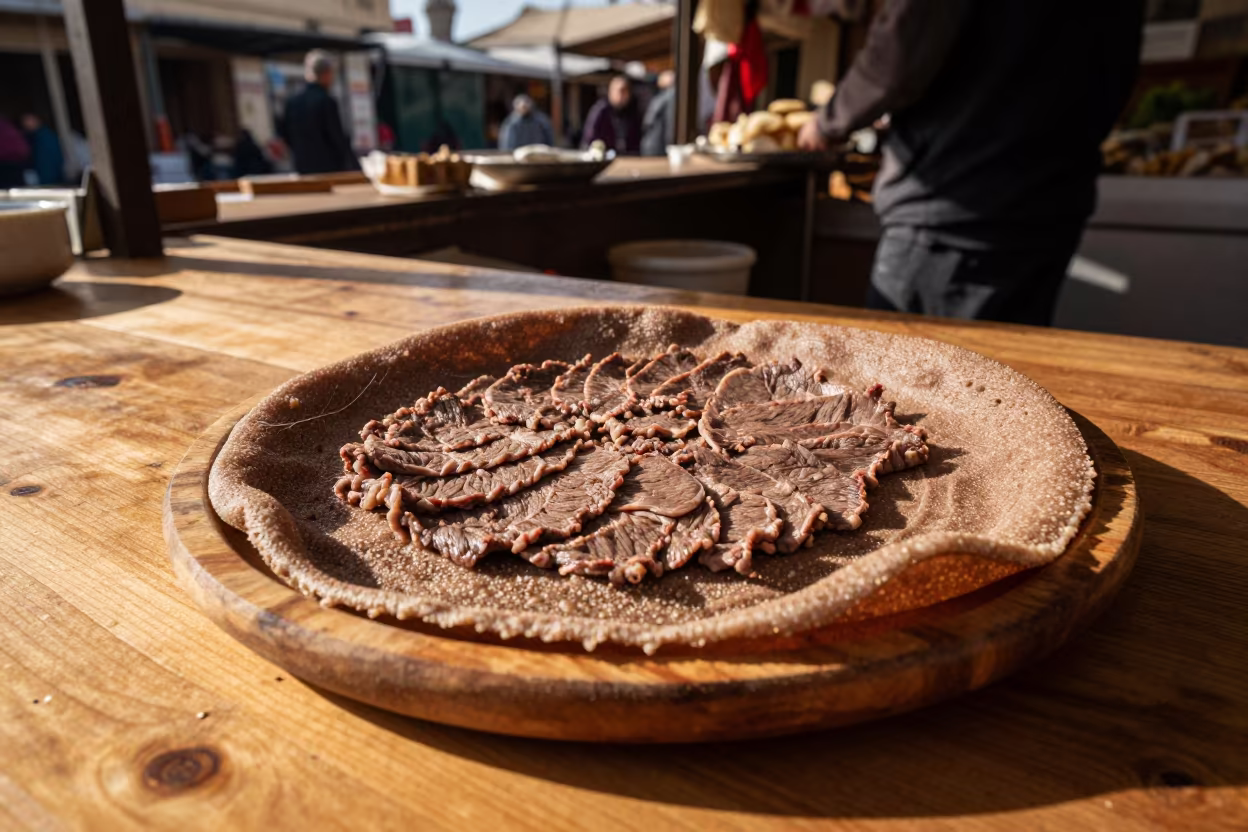 Ethiopian Kitfo Platter With Injera At Market in at a market stall counter in Gaziantep