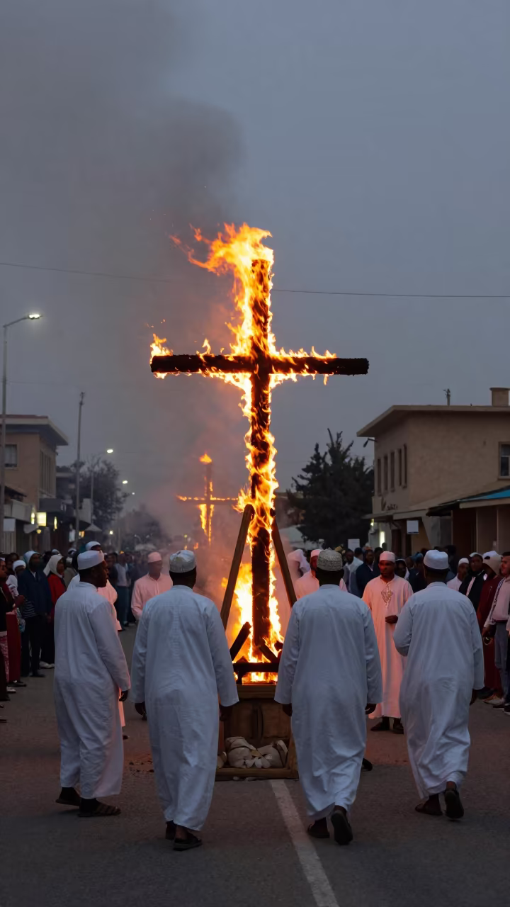 Ethiopian Meskel Festival Bonfire in Zarqa Night in at a festival street procession in Zarqa