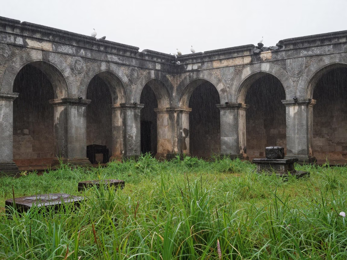 Ethiopian Ruin Cloister in Rainy Season Fog in through a courtyard reclaimed by grasses in Ethiopia