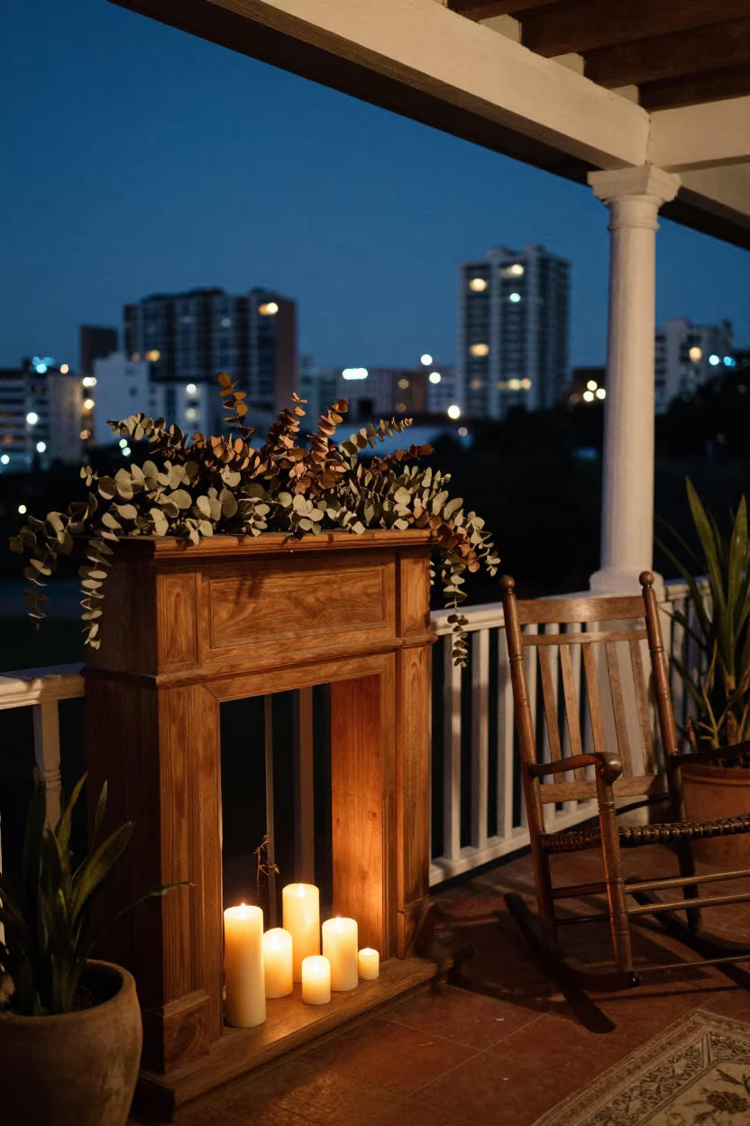 Eucalyptus and Candles on La Guaira Porch in on a porch with a rocking chair in La Guaira