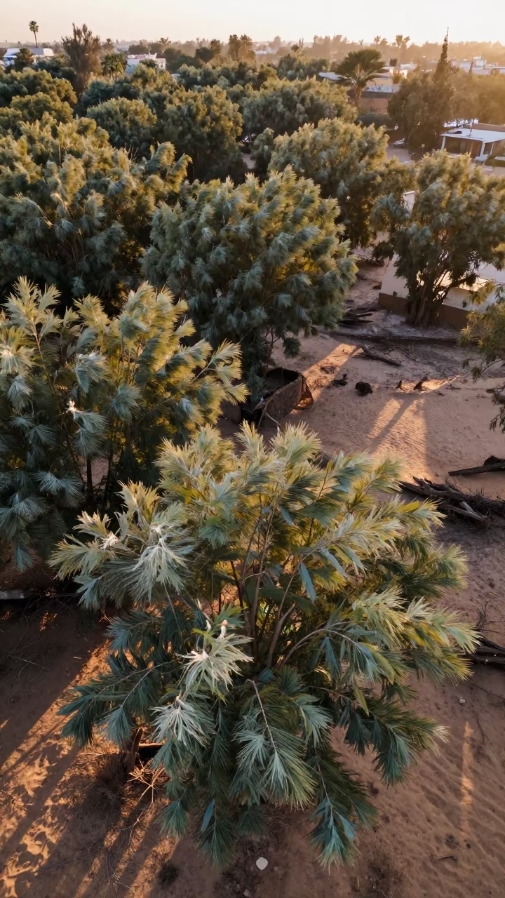 Eucalyptus Canopy Over Giza Dunes at Sunset in above dune fields and dry wadis near Giza