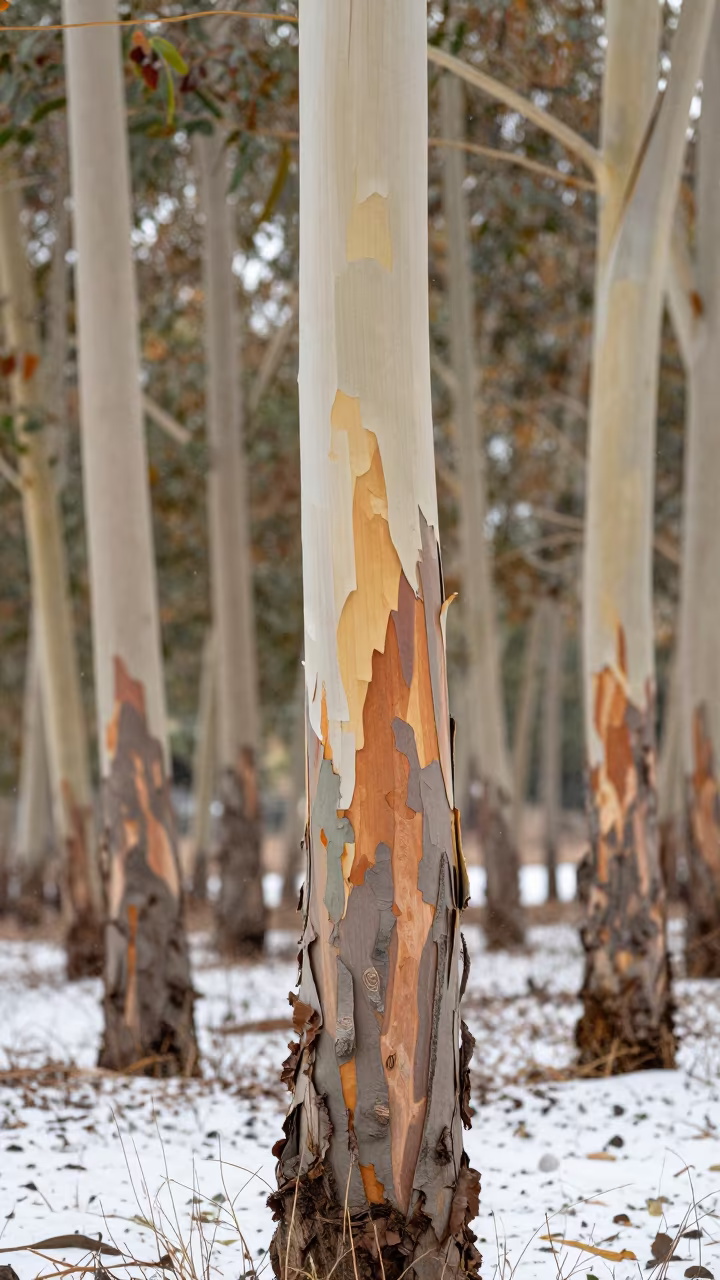 Eucalyptus Grove Peeling Bark Near Bari in Snow in near Bari