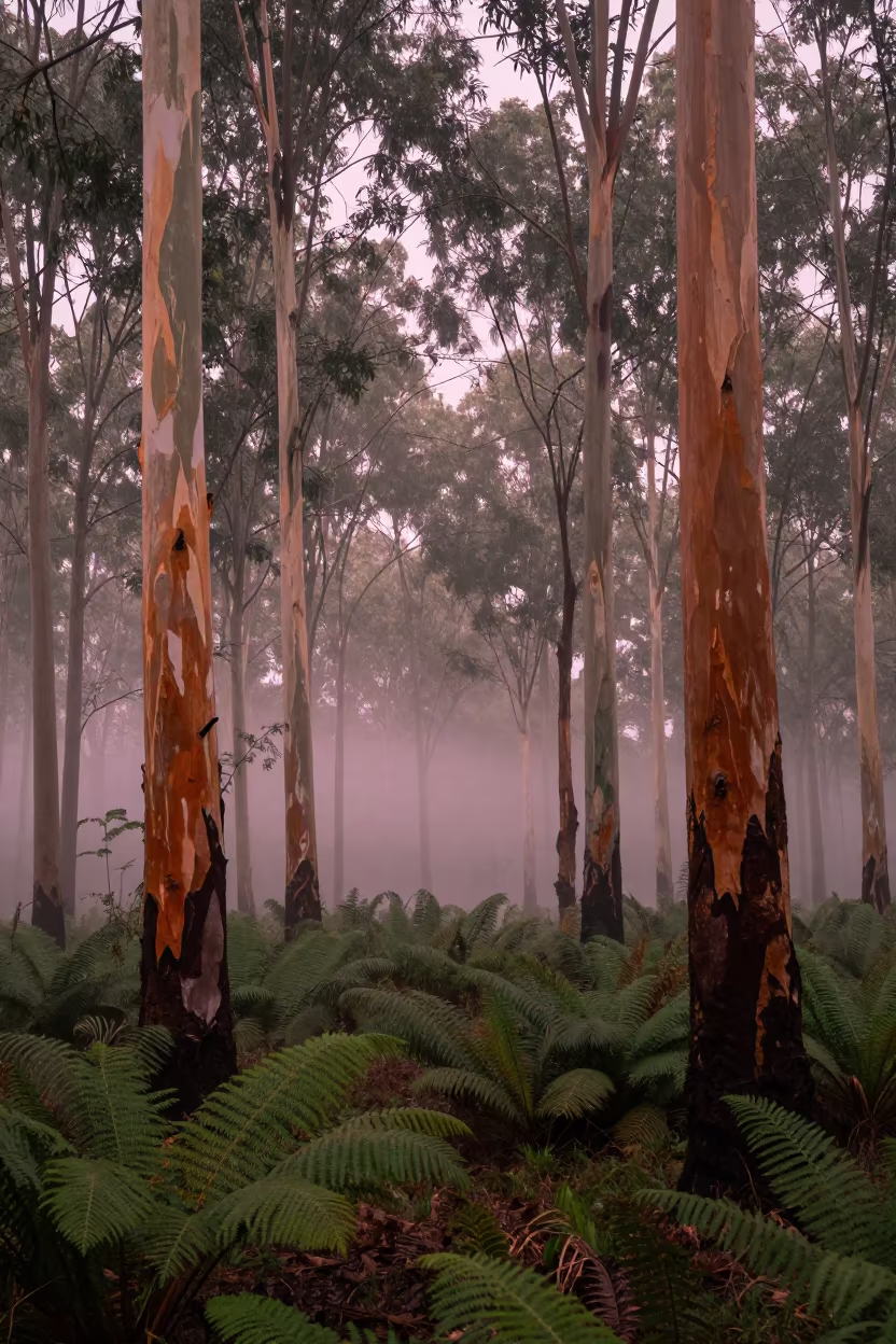 Eucalyptus Grove with Peeling Bark in Zimbabwe Mist in on a fern-lined forest floor in Zimbabwe