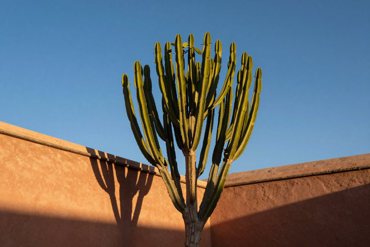 Euphorbia Candelabra Tree Against Blue Sky in Marrakech Morocco Late Afternoon in in Marrakech, Morocco