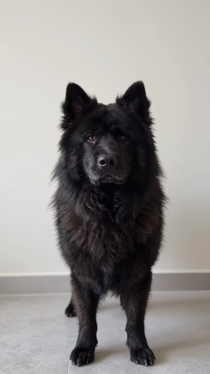 Eurasier Dog Portrait in Bogota Indoor Light in beside a plain plaster wall in soft indoor light with the animal centered in frame in Bogota