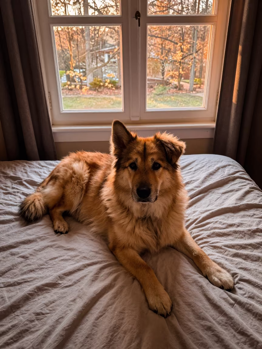 Eurasier Dog Resting on Bedspread Near Window in on a bedspread near a bright window with calm indoor light in Mbabane