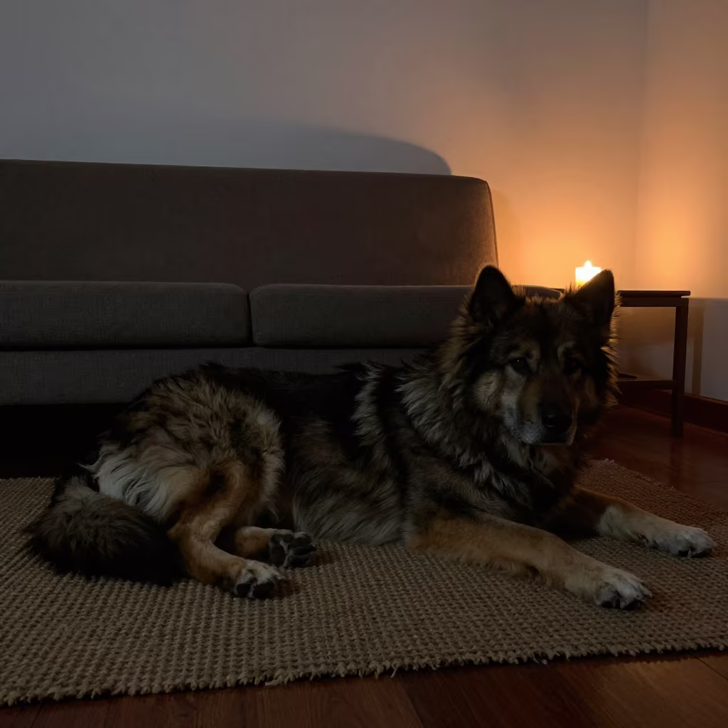 Eurasier Dog Resting on Rug in Tacna Home in on a woven rug beside a low couch and an uncluttered wall in Tacna