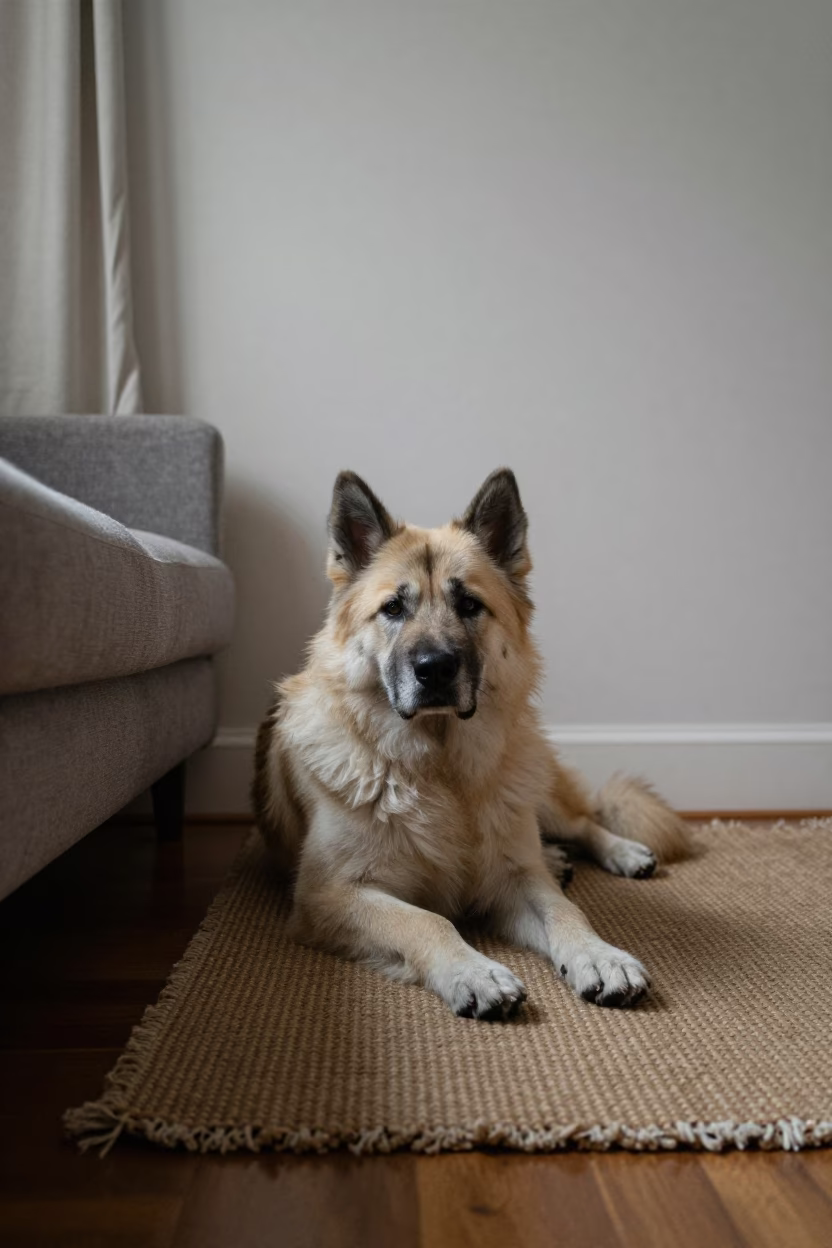 Eurasier Dog Resting on Woven Rug at Home in on a woven rug beside a low couch and an uncluttered wall in Burlington