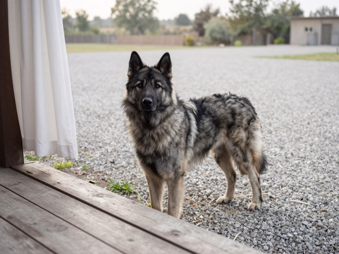 Eurasier Dog Standing in Rason Garden Yard Morning in near a garden edge with soft morning light and an uncluttered background in Rason