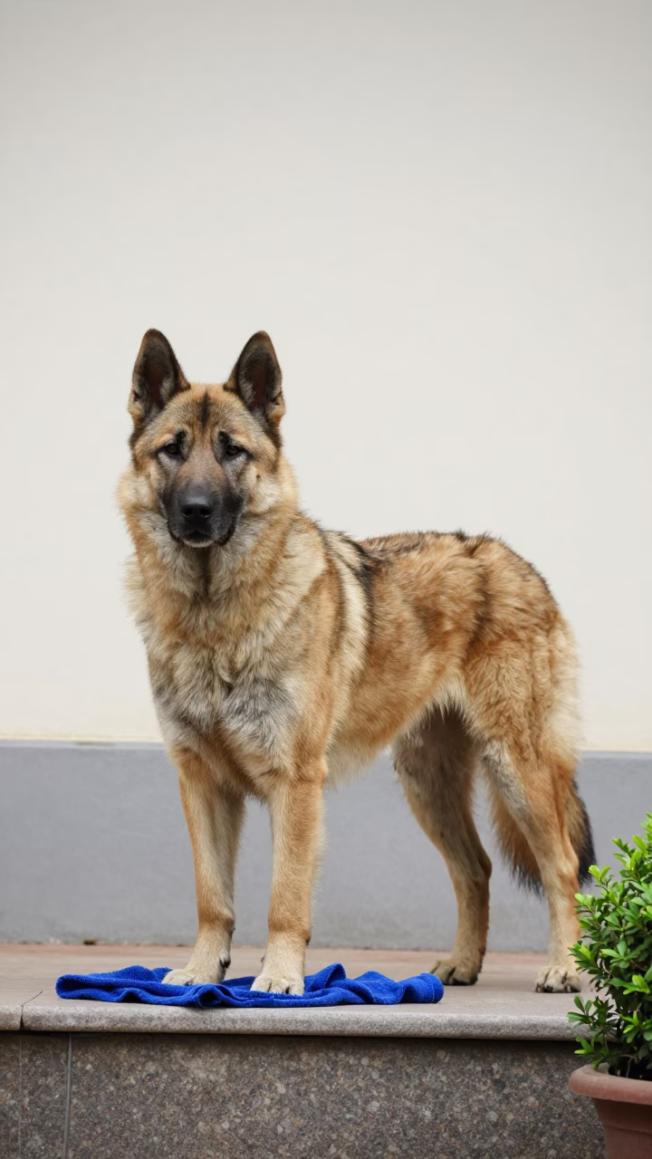 Eurasier Dog Standing in Shillong Courtyard in beside a plain courtyard wall in clear daylight with the animal at eye level in Shillong