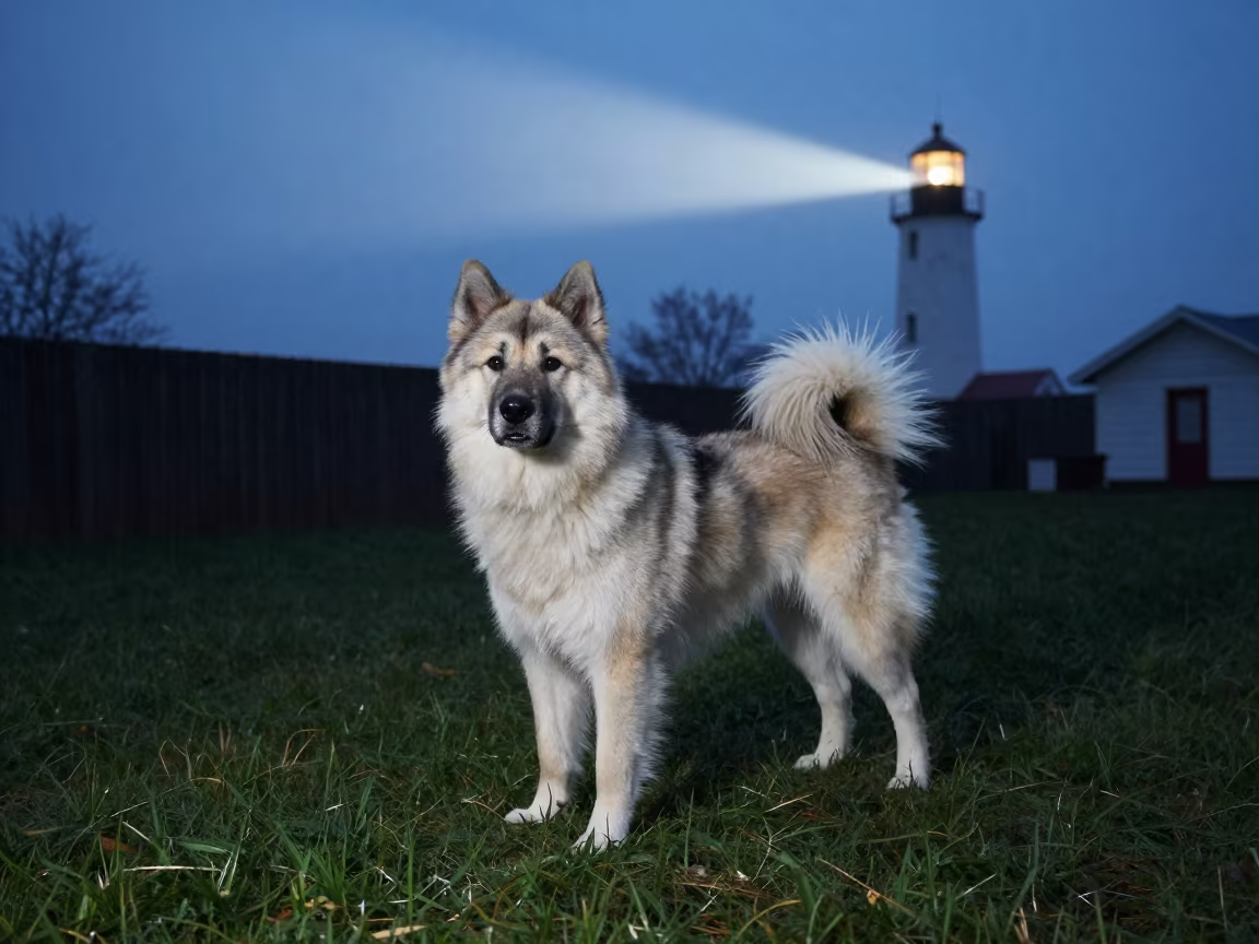 Eurasier in Predawn Lighthouse Light Near Beed in in a small yard with clipped grass, calm light, and the animal centered in frame near Beed