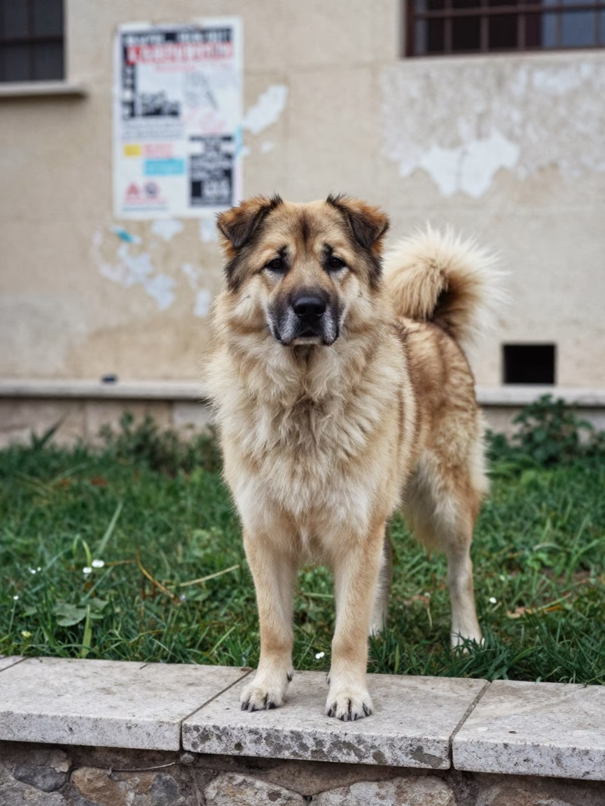 Eurasier Portrait in Beirut Yard with Clipped Grass in in a small yard with clipped grass, calm light, and the animal centered in frame near Beirut