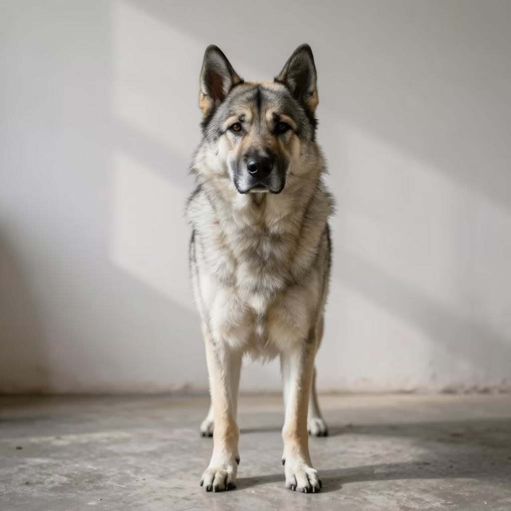 Eurasier Portrait Lome Indoor Soft Light in beside a plain plaster wall in soft indoor light with the animal centered in frame in Lome