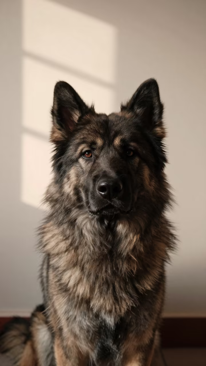 Eurasier Portrait Near Chandni Chowk Wall in beside a plain plaster wall in soft indoor light with the animal centered in frame near Chandni Chowk, Delhi