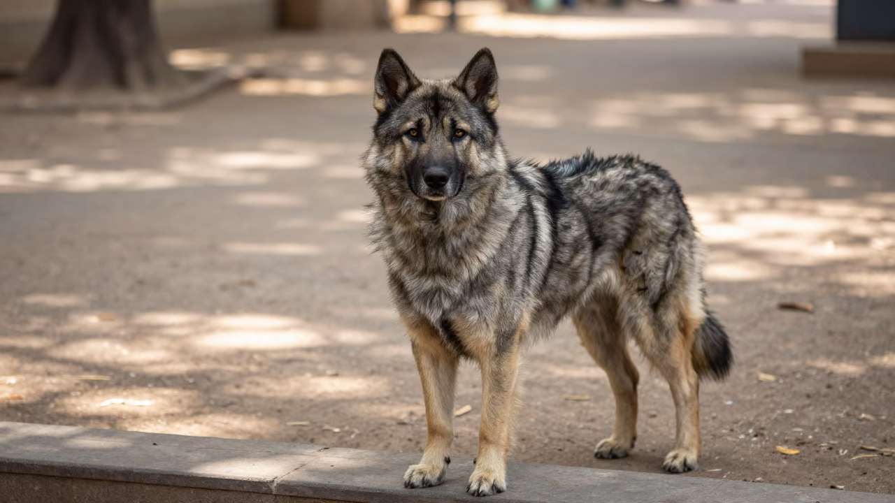 Eurasier Portrait on Quiet Park Path in Amravati in along a quiet park path with soft open shade and a clean background in Amravati