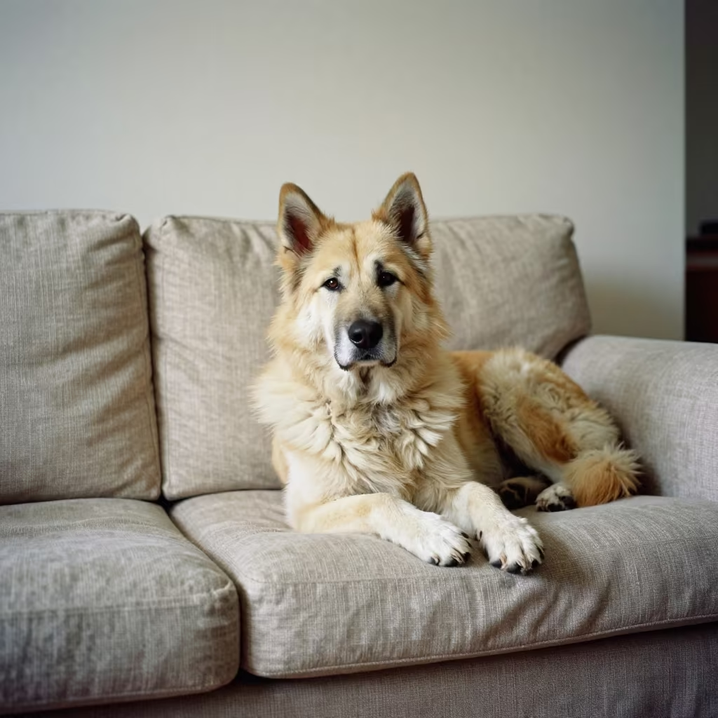 Eurasier Resting on Linen Sofa in Santiago in on a linen sofa with daylight from a nearby window in Santiago de Compostela