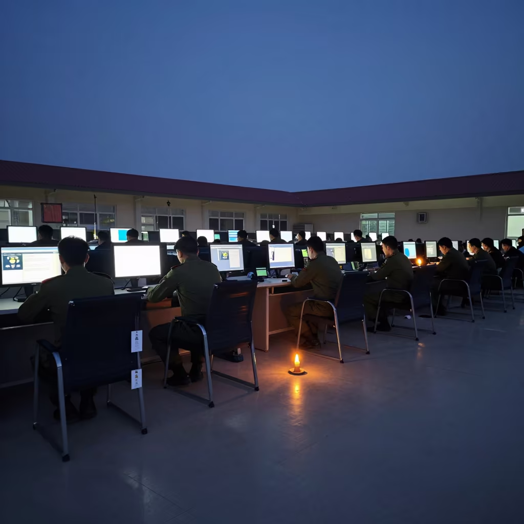 Evacuation Chair Tag in Indigo Winter Operations Center in in an operations center under monitor glow near Imphal