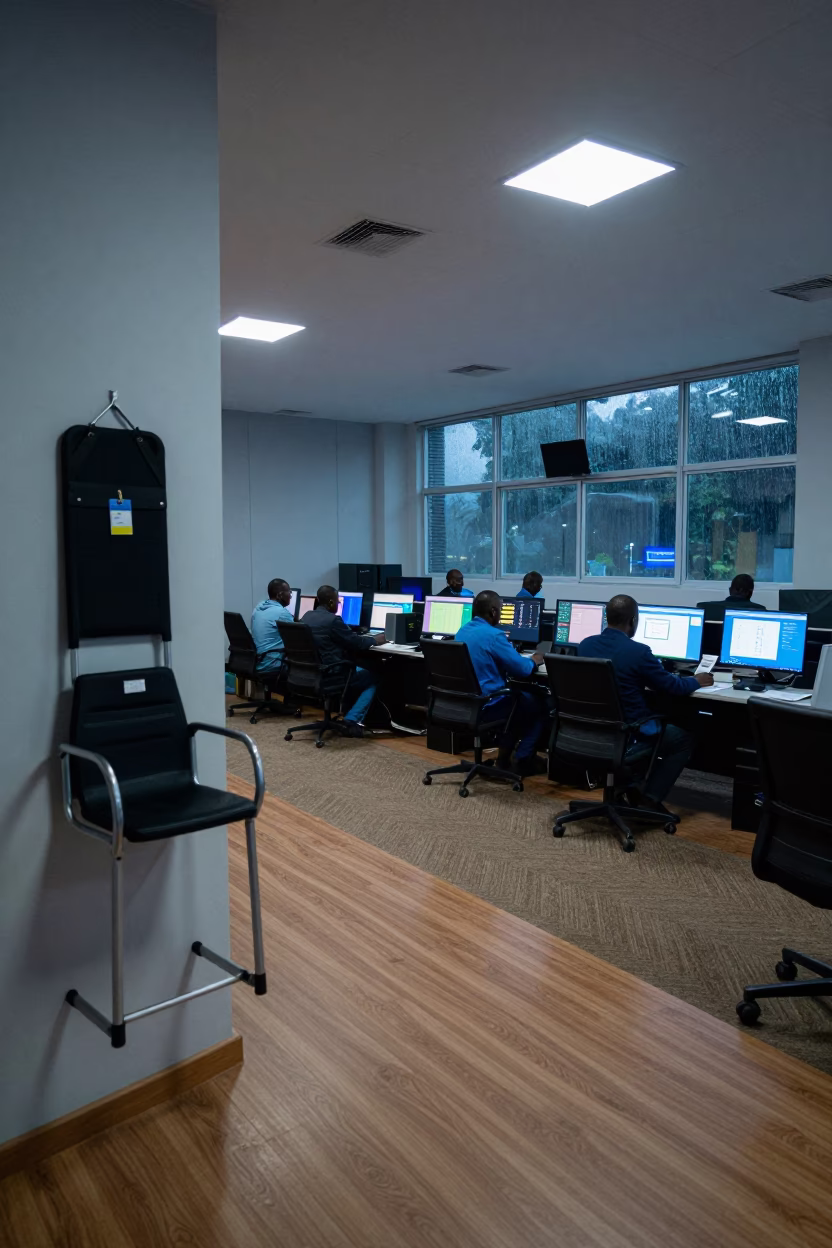 Evacuation Chair Tag in Ndjamena Operations Center Night in in an operations center under monitor glow in Ndjamena