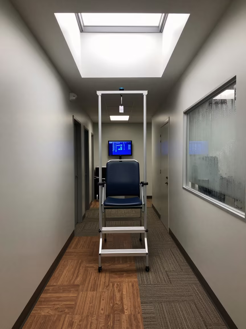 Evacuation Chair Tag in New Orleans Hallway in in an operations center under monitor glow in New Orleans