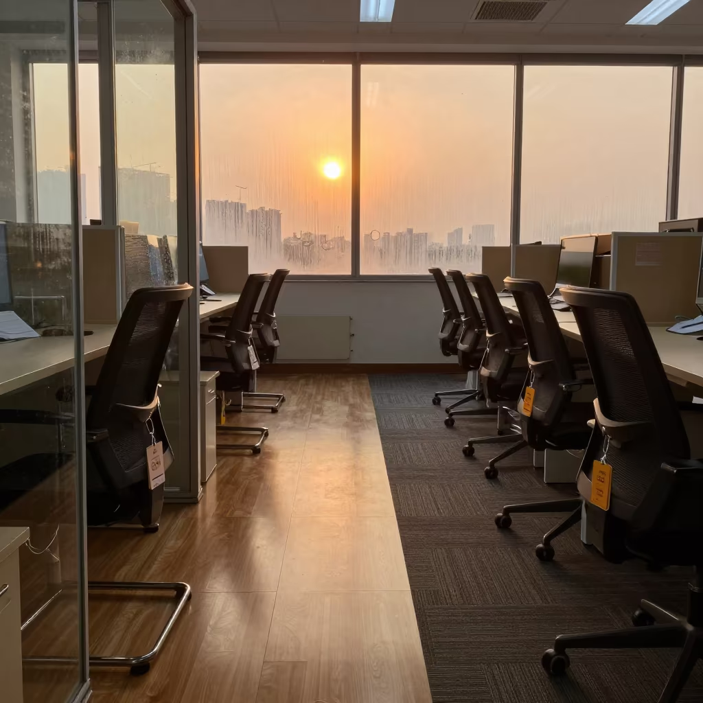 Evacuation Chair Tag in Surreal Office with Double Sun in inside an open-plan office bay near Pune