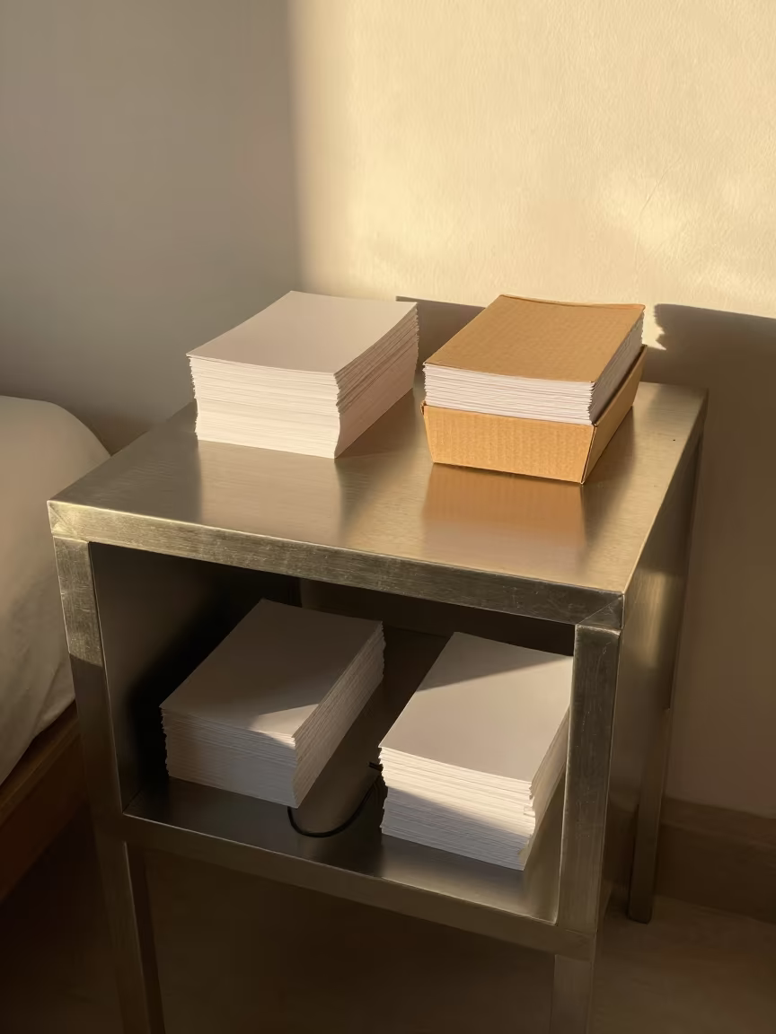 Evacuation Sweep Cards on Cairo Bedside Table in on a bedside table in Zamalek, Cairo