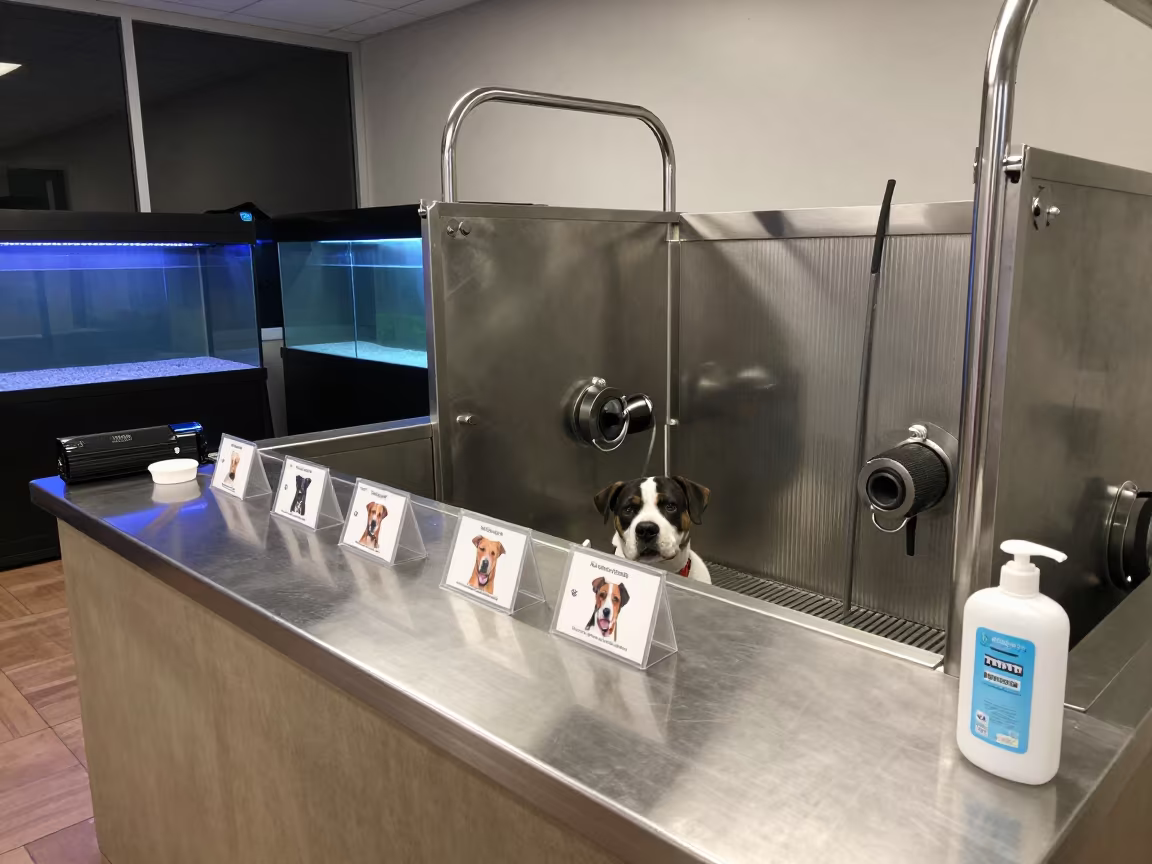 Evening Adoption Room With Pet Profiles in at a self-serve dog wash station in Pointe-Noire