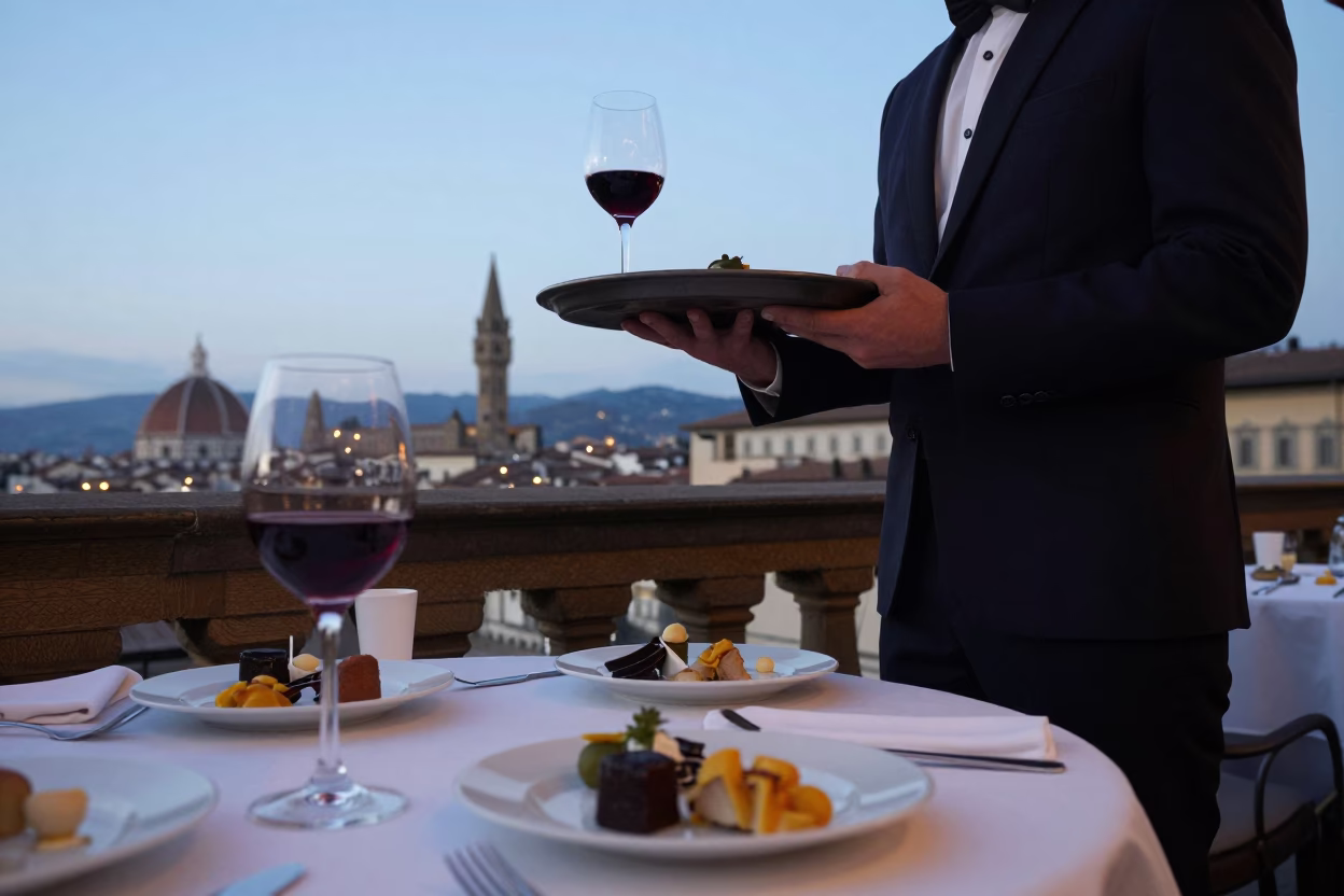 Evening Aperitivo Scene in Florence Italy with Red Wine Glass Near Historic Architecture in in Florence, Italy