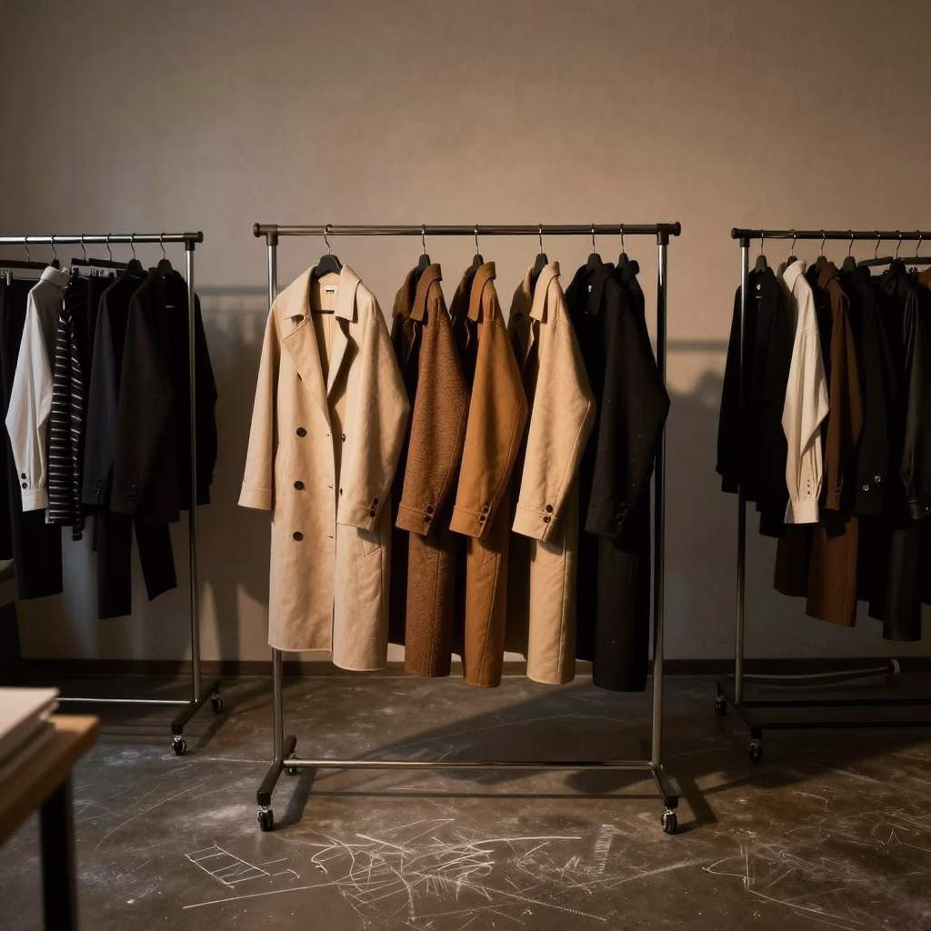 Evening Atelier Garment Rack With Chalk Marks in under runway rehearsal lights in Gothenburg