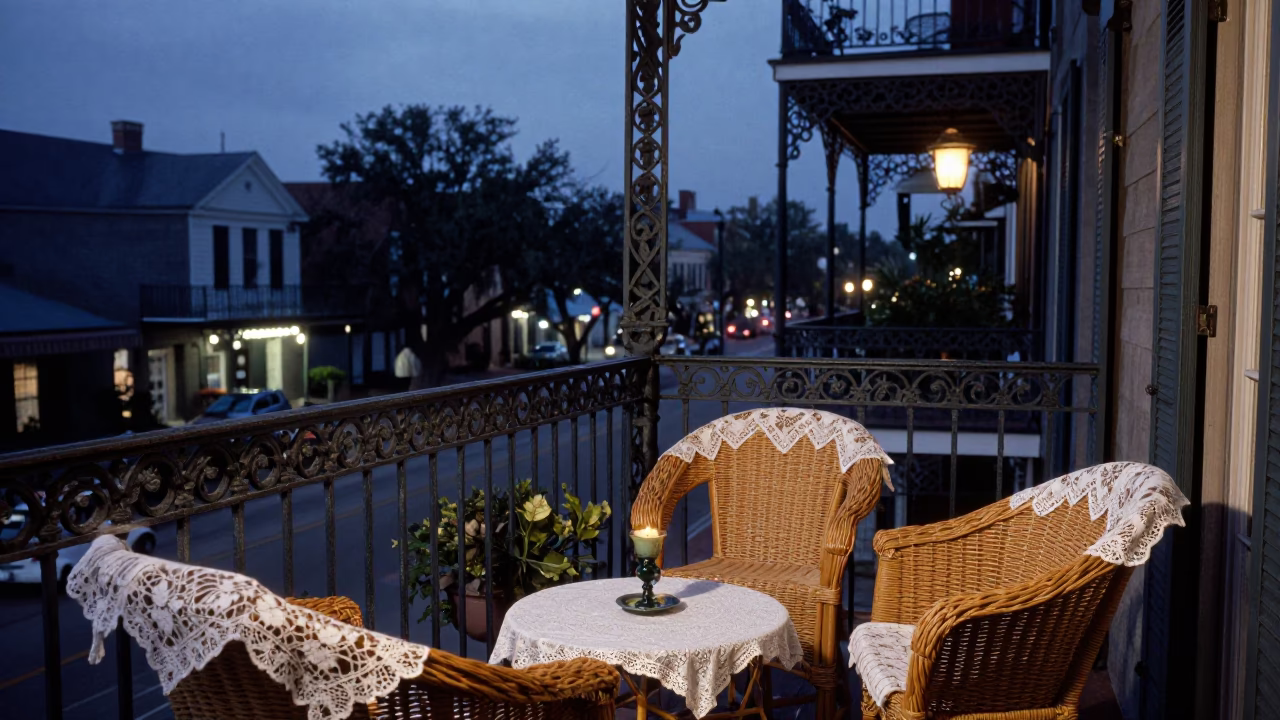 Evening balcony scene in Charleston South Carolina with wicker furniture and lace curtains in in Charleston, South Carolina, United States