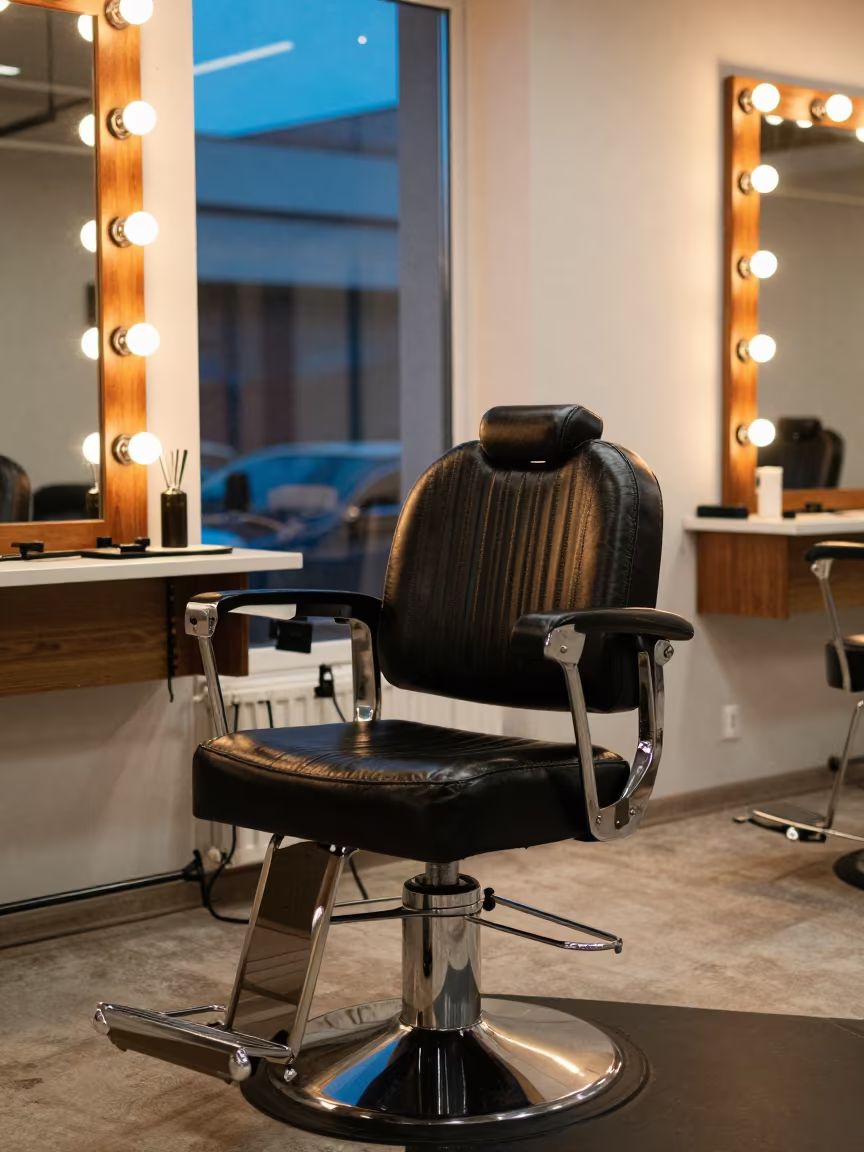 Evening Barber Chair Under Storefront Glow Klaipėda in at a barber station beneath mirror bulbs in Klaipėda