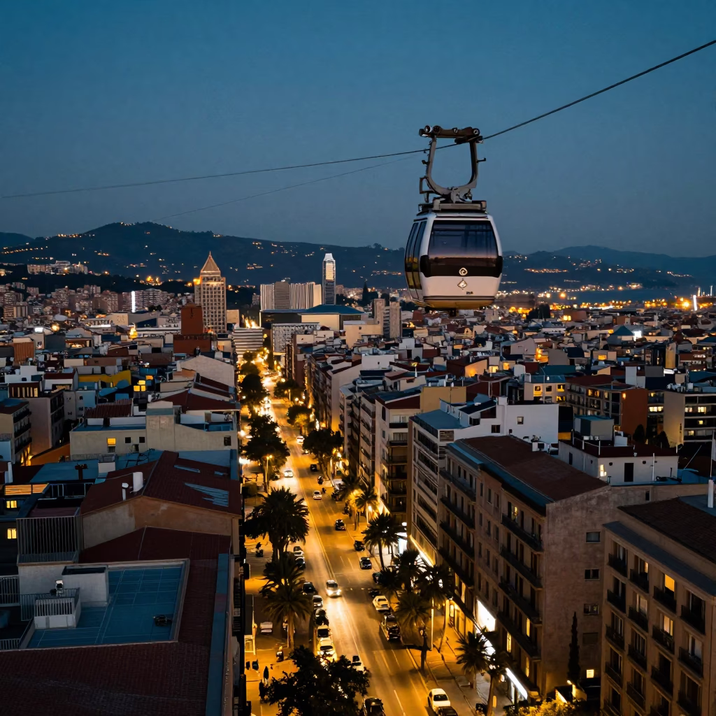 Evening Barcelona Street Scene with Cable Car and Urban Details in in Barcelona, Spain