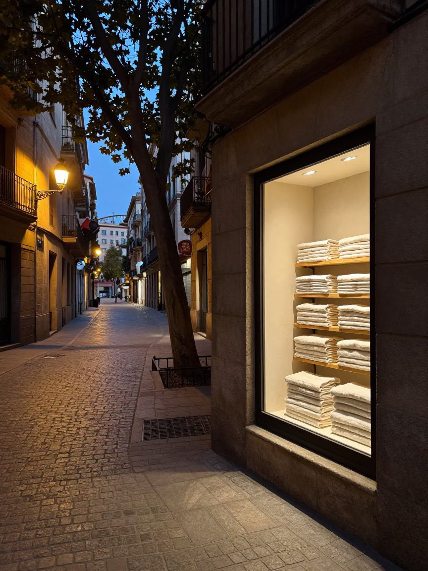 Evening Barcelona Street Scene with Fig Tree and Linen Shop Display in in Barcelona, Spain