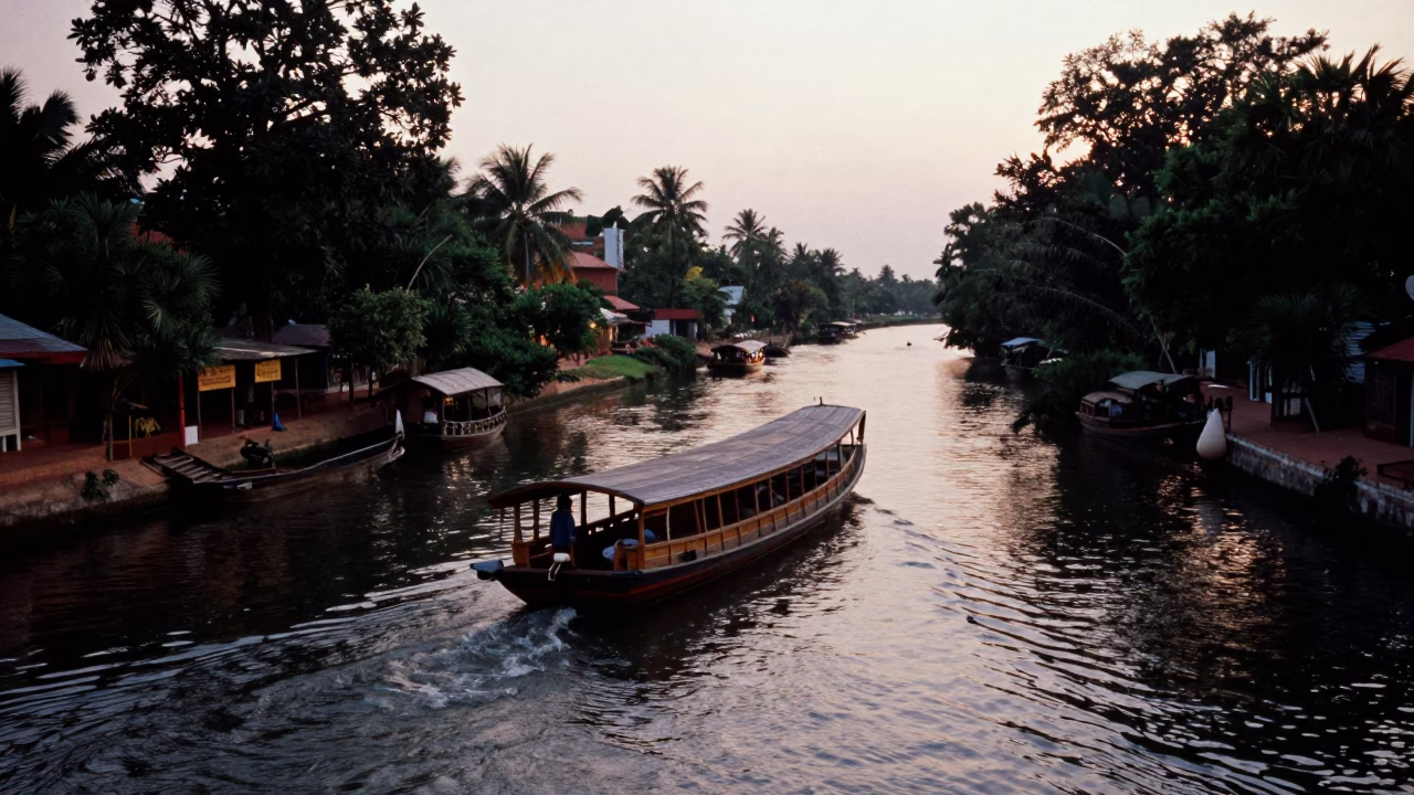 Evening Barge Navigation on Tree-Lined Canal in Phnom Penh Cambodia in in Phnom Penh, Cambodia
