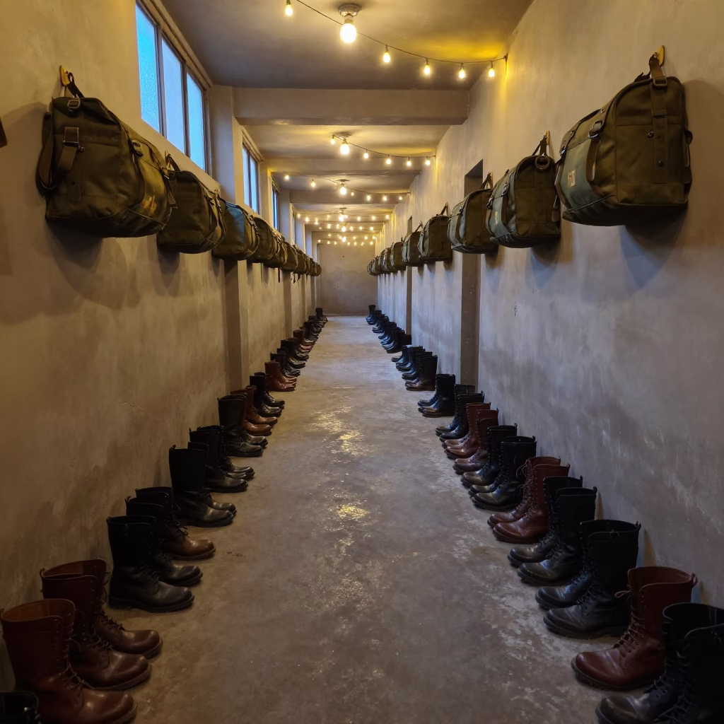 Evening Barracks Corridor Boots Duffel Bags Delhi in inside a barracks corridor near Chandni Chowk, Delhi