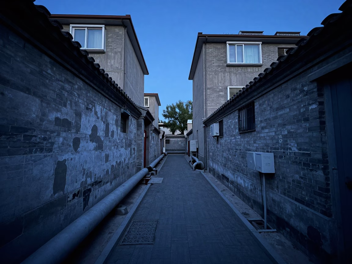 Evening Beijing Alleyway District Heating Pipes Between Concrete Blocks in in Beijing, China