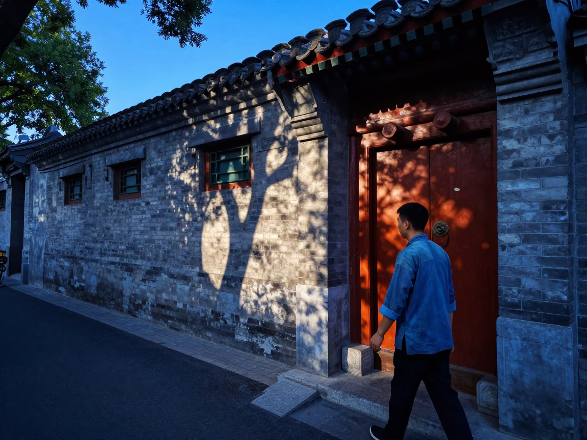 Evening Beijing Street Scene with Dappled Shadows and Local Life in in Beijing, China