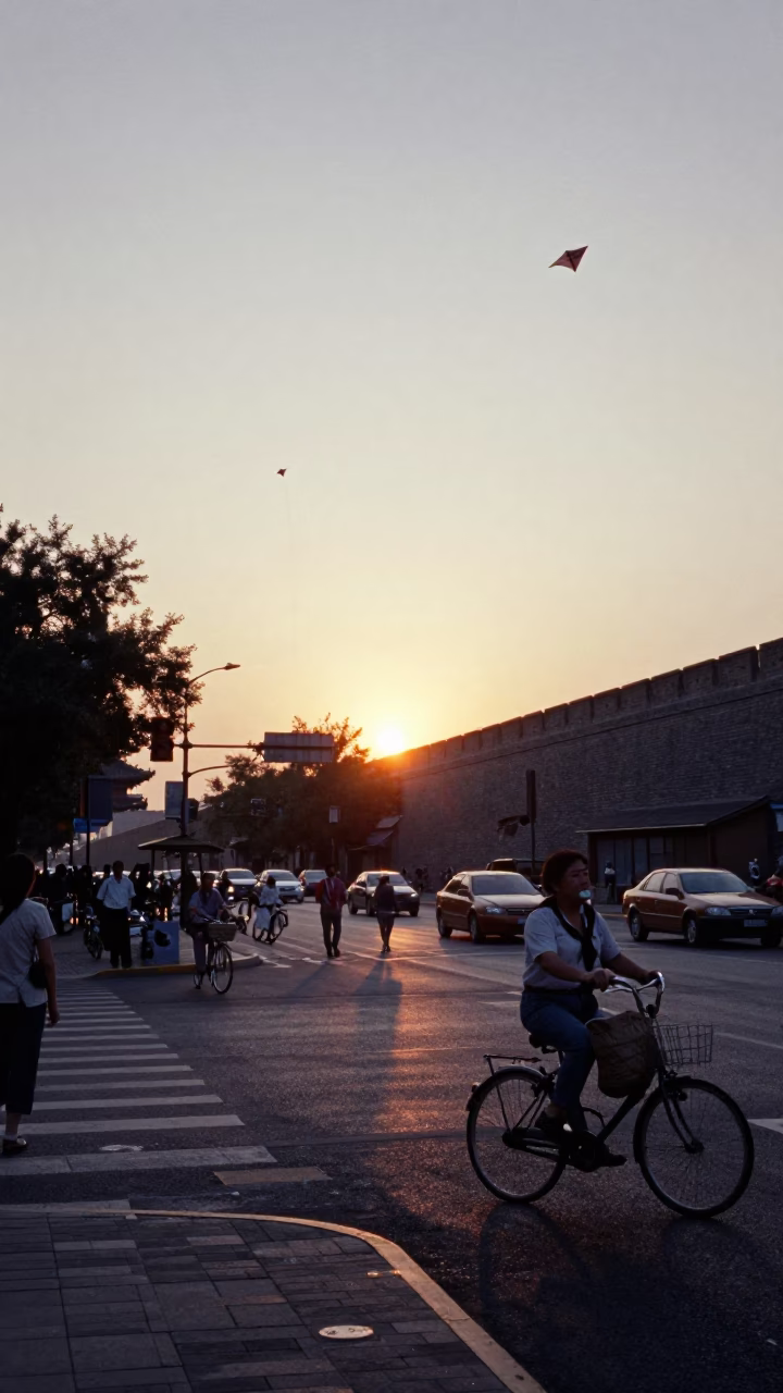 Evening Beijing Street Scene with Kites and Bicycles Near the City Wall at Sunset in in Beijing, China