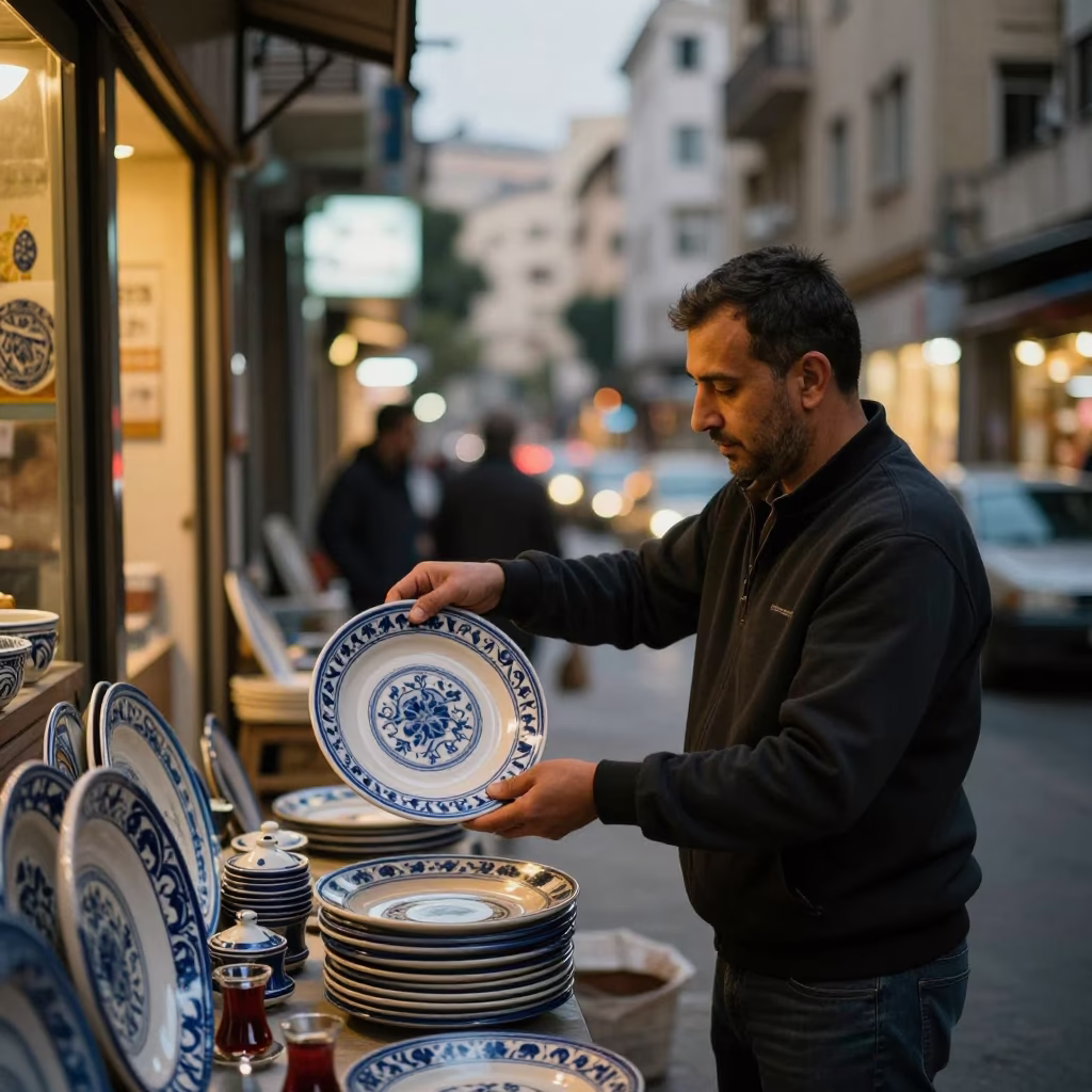 Evening Beirut Street Scene with Ceramic Plate and Tea Stains in in Beirut, Lebanon