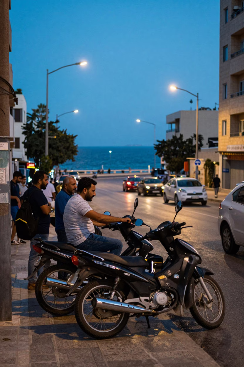 Evening Beirut Street Scene with Motorcycle and Coastal Highway in Blue Light in in Beirut, Lebanon