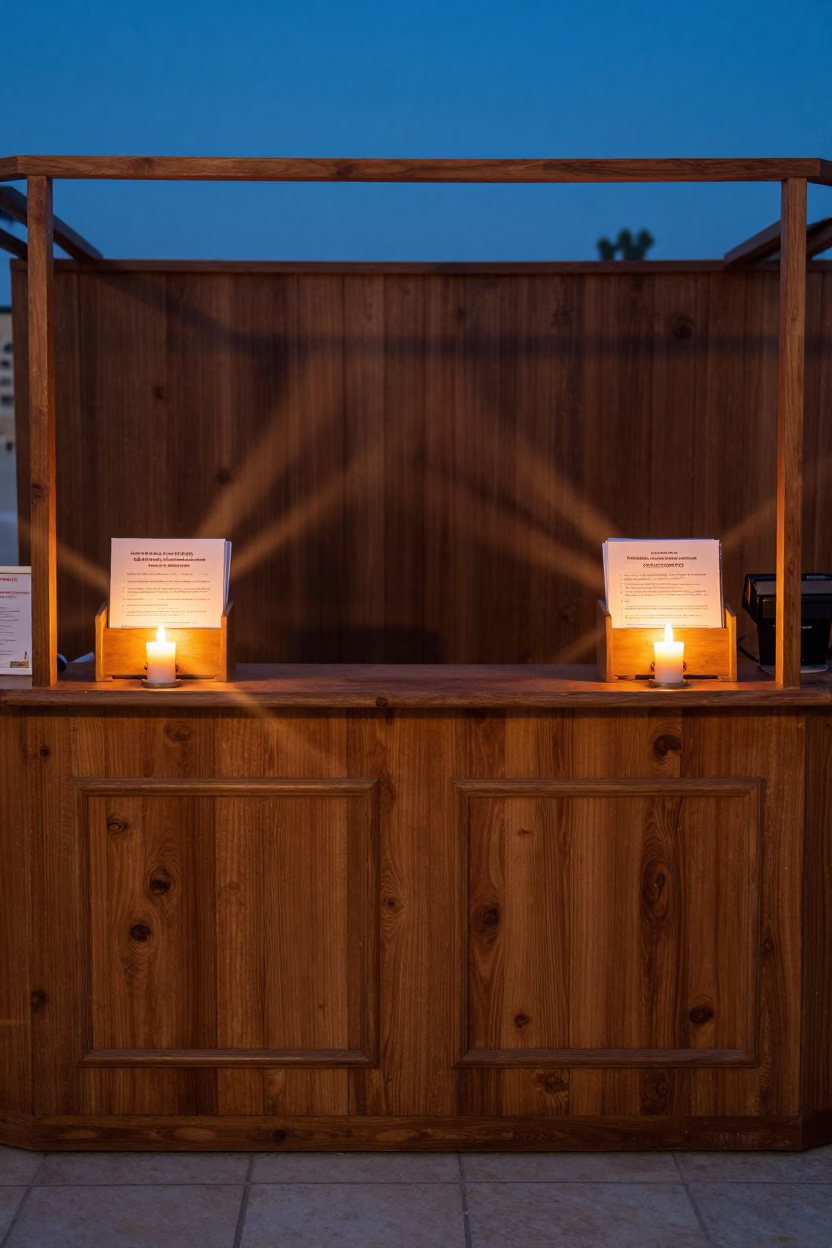 Evening BEO Binder at Nablus Reception Desk in at a reception desk under warm light in Nablus