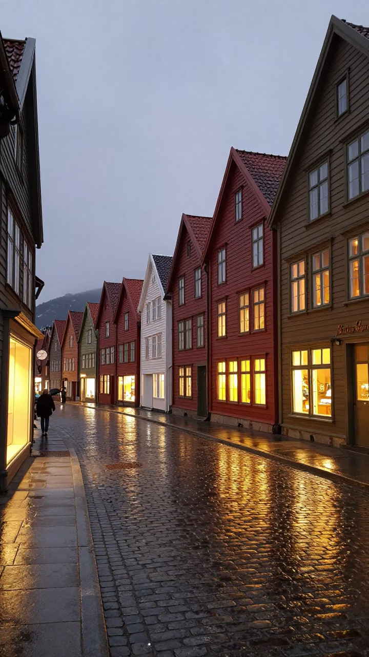 Evening Bergen Norway cobblestone street scene with glowing windows and vintage 1970s atmosphere in in Bergen, Norway