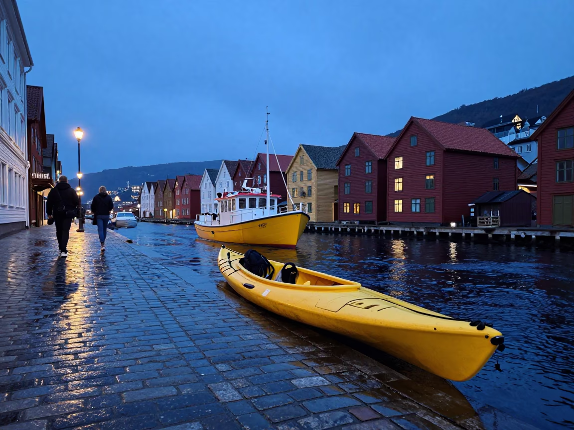Evening Bergen Norway Street Scene with Yellow Boat and Colorful Houses in in Bergen, Norway