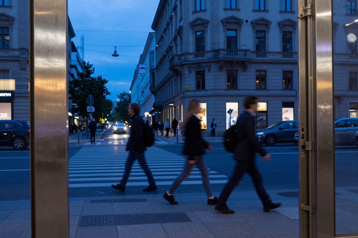 Evening Berlin Street Scene with Brushed Steel Doorframe and Urban Life in in Berlin, Germany