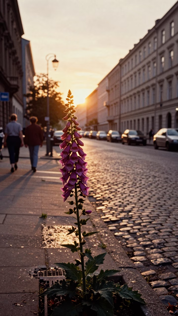 Evening Berlin Street Scene with Foxglove Flowers and Urban Balcony Details in in Berlin, Germany