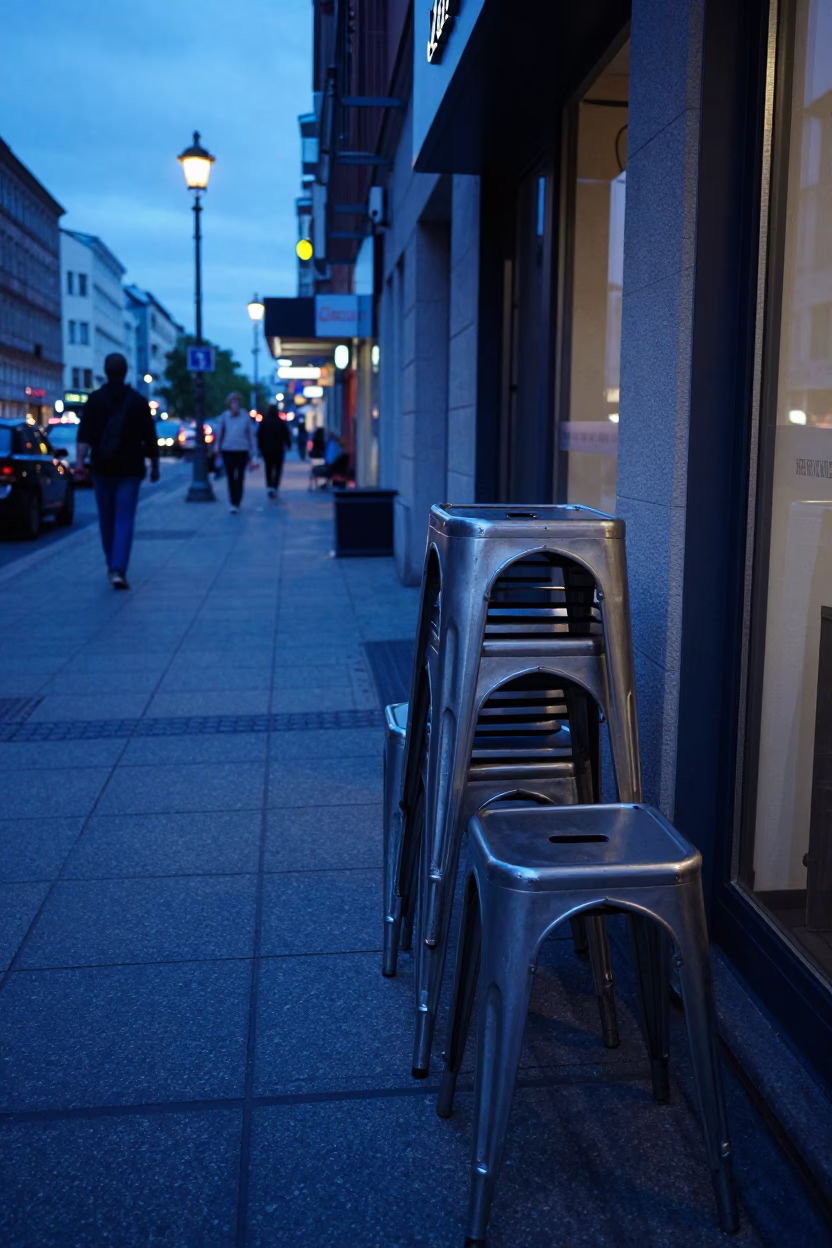 Evening Berlin Street Scene with Metal Stools and Urban Evening Light in in Berlin, Germany