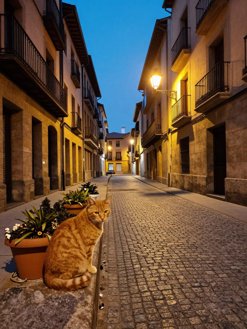 Evening Bilbao Street Scene with Ginger Cat and Potted Geraniums in in Bilbao, Spain
