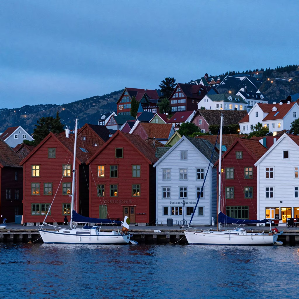 Evening Blue Hour at Bergen's Bryggen Wharf with Colorful Wharf Buildings and Harbor Life in in Bergen, Norway